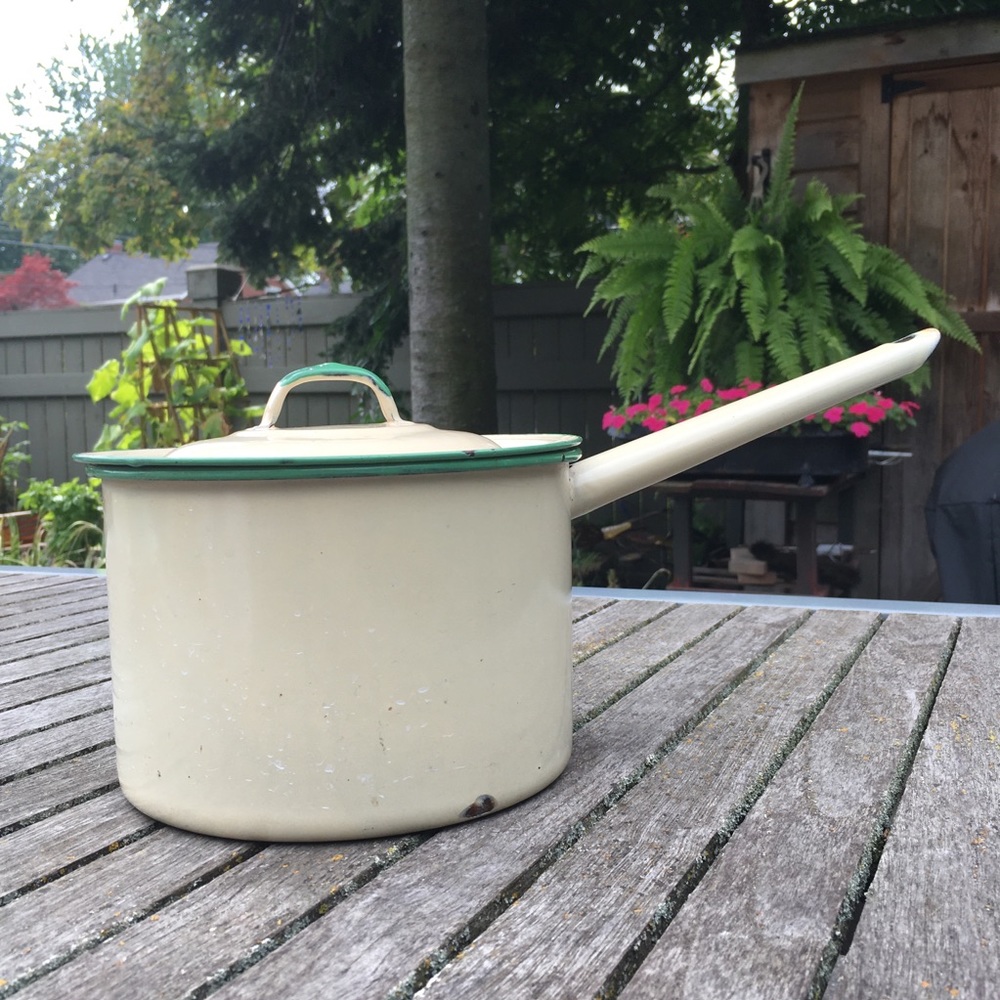 Vintage Chippy Enamelware Pot With Lid